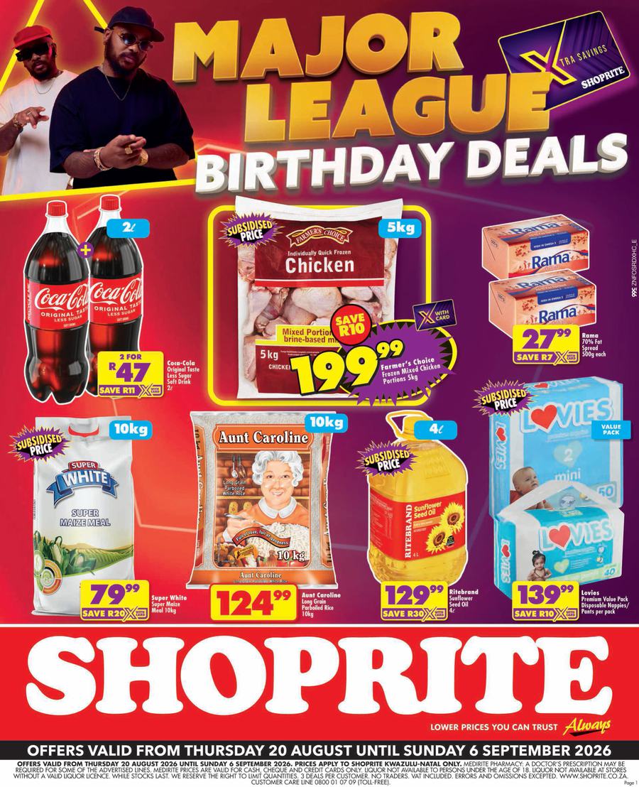 Shoprite KwaZulu-Natal : Major League Birthday Deals (20 August - 06 September 2026)